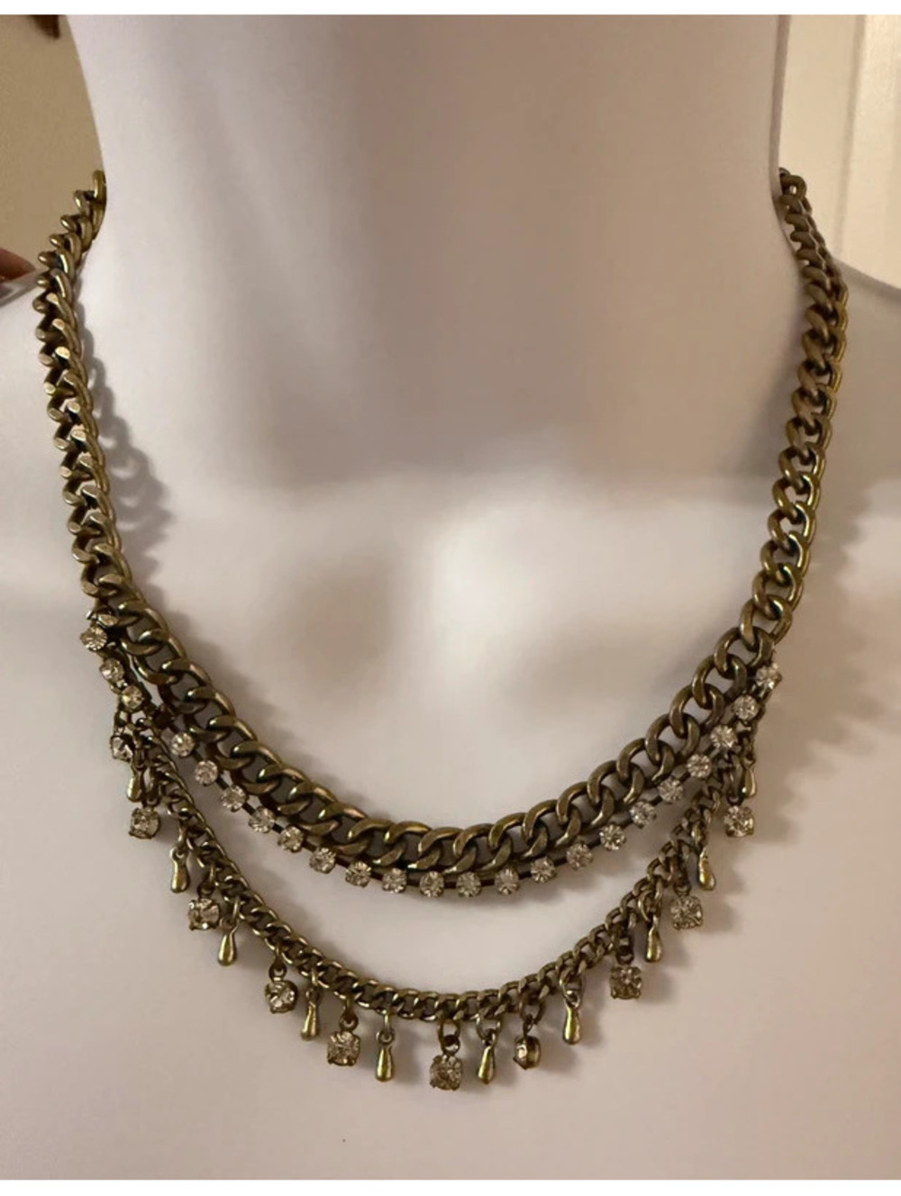Vintage Style Antique Gold Tone Layered Rhinestone Dangle Statement Necklace